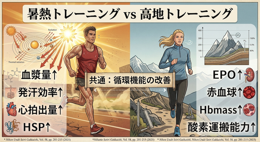 暑熱トレーニングVS高地トレーニングのイラスト図