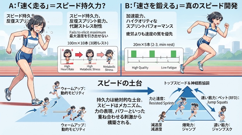 100m×10と短距離スプリントの違いを示し、持久力とは別に速く動く能力を鍛えるスピードトレーニングを表したイラスト