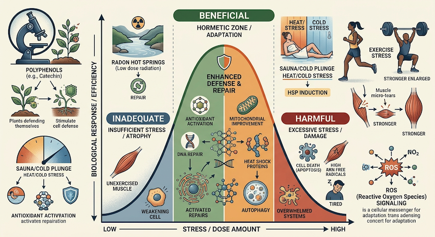 Hormesis showing how moderate stress promotes adaptation while excessive stress causes harm