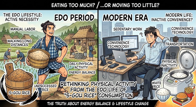 Illustration contrasting food intake and physically active daily life in the Edo period and modern times