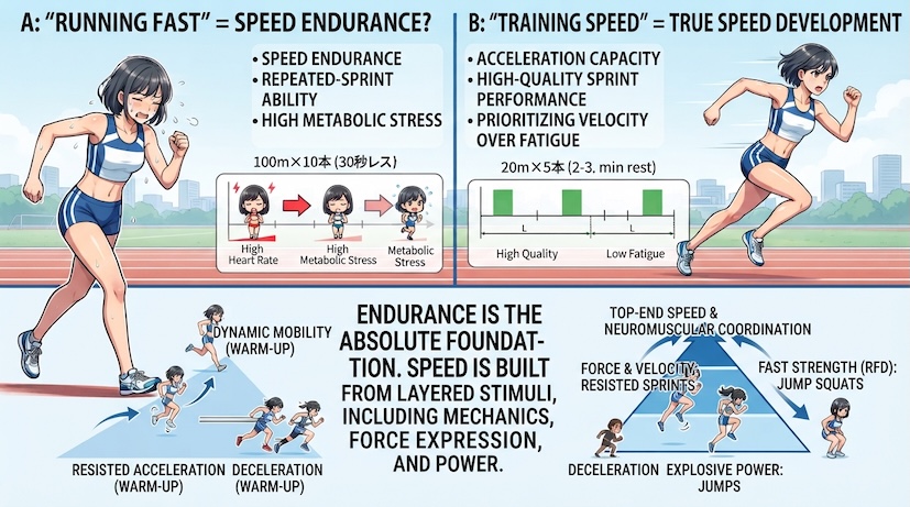 Illustration showing the difference between 100m × 10 and short sprint training, highlighting speed stimuli for developing the ability to move fast