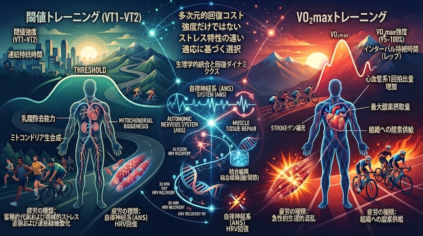 VO₂maxトレーニングと閾値トレーニングの強度・持続時間・回復コストを比較した図