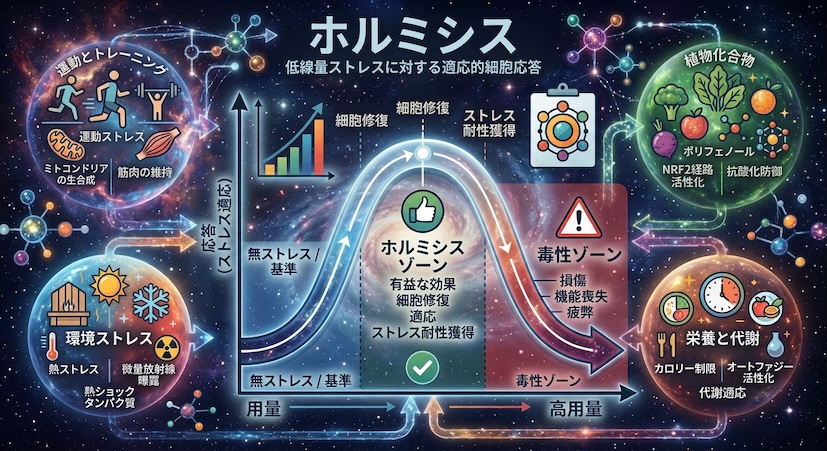 ホルミシス：低用量のストレスに対する身体の適応反応を表したイラスト