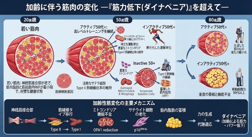 加齢による筋肉の中身の変化と筋肉量だけでは捉えられない筋機能の低下を表したイラスト