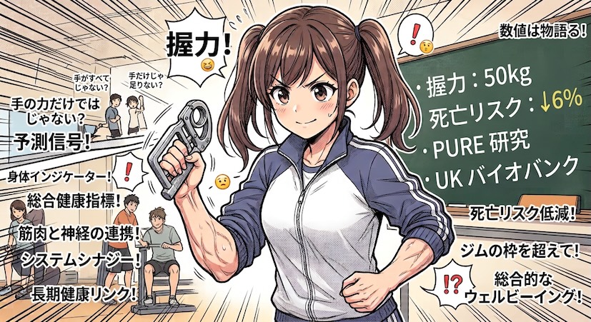 女性が握力計を握って握力を測定しているイラスト