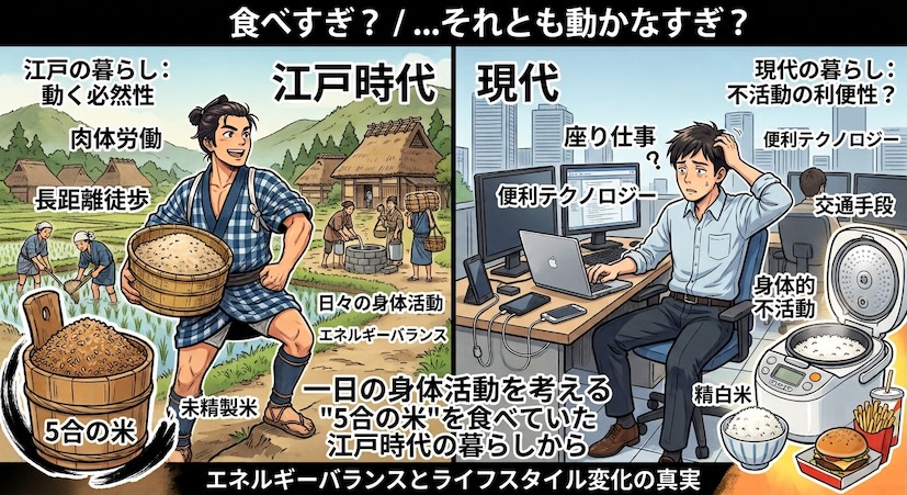 江戸時代と現代の食べる量と身体を動かす生活の違いを表したイラスト
