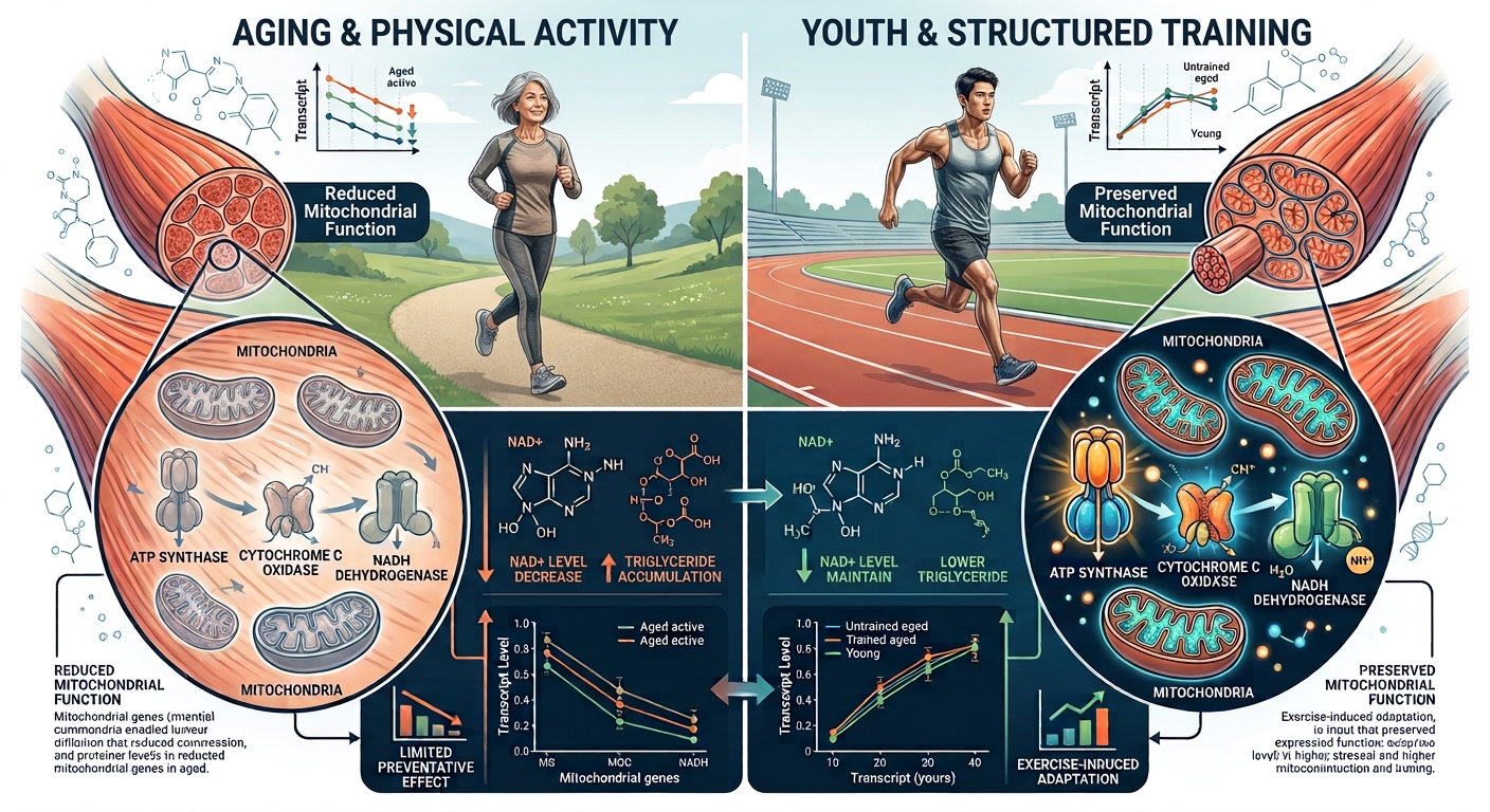 Illustration contrasting aging and everyday physical activity with youth and structured exercise training