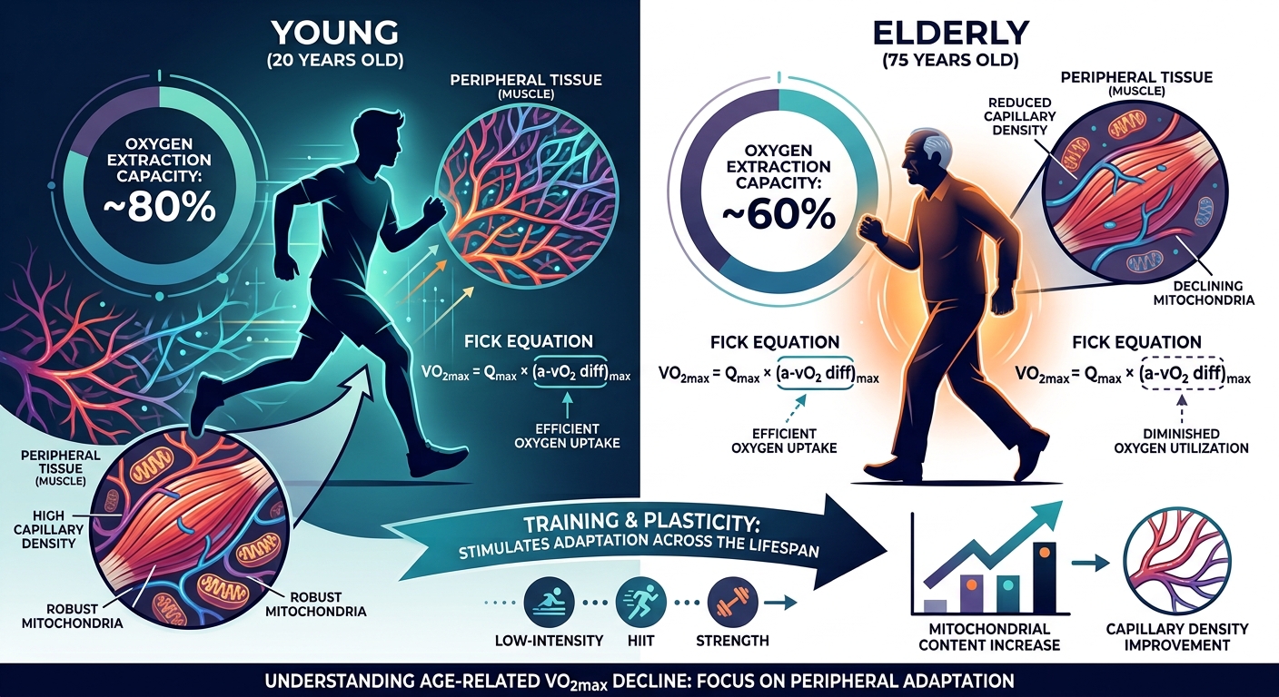 Comparison of peripheral oxygen extraction capacity between a 25-year-old and a 75-year-old